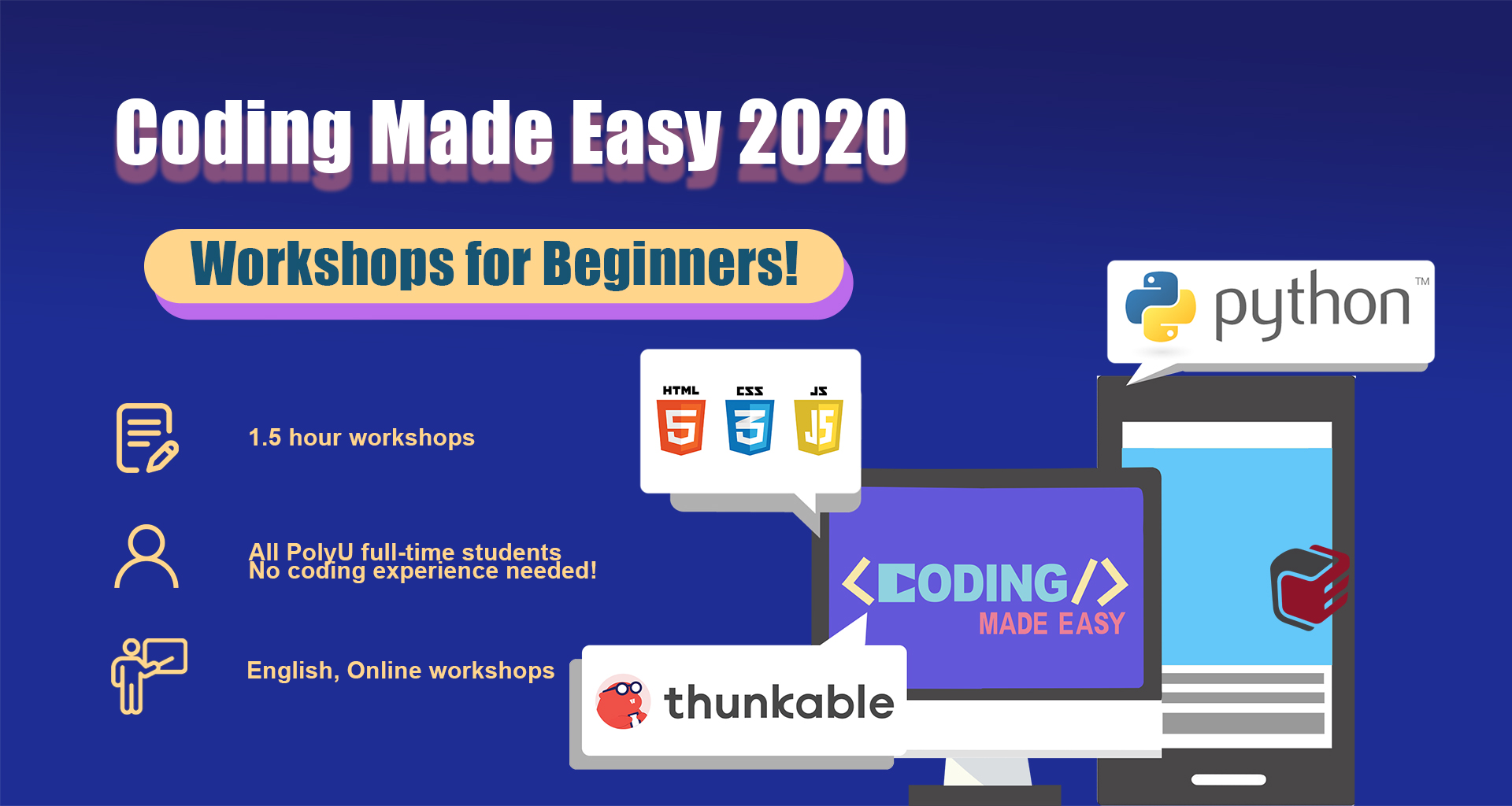 Workshop poster, with the title Coding Made Easy 2020: Workshops for beginners.