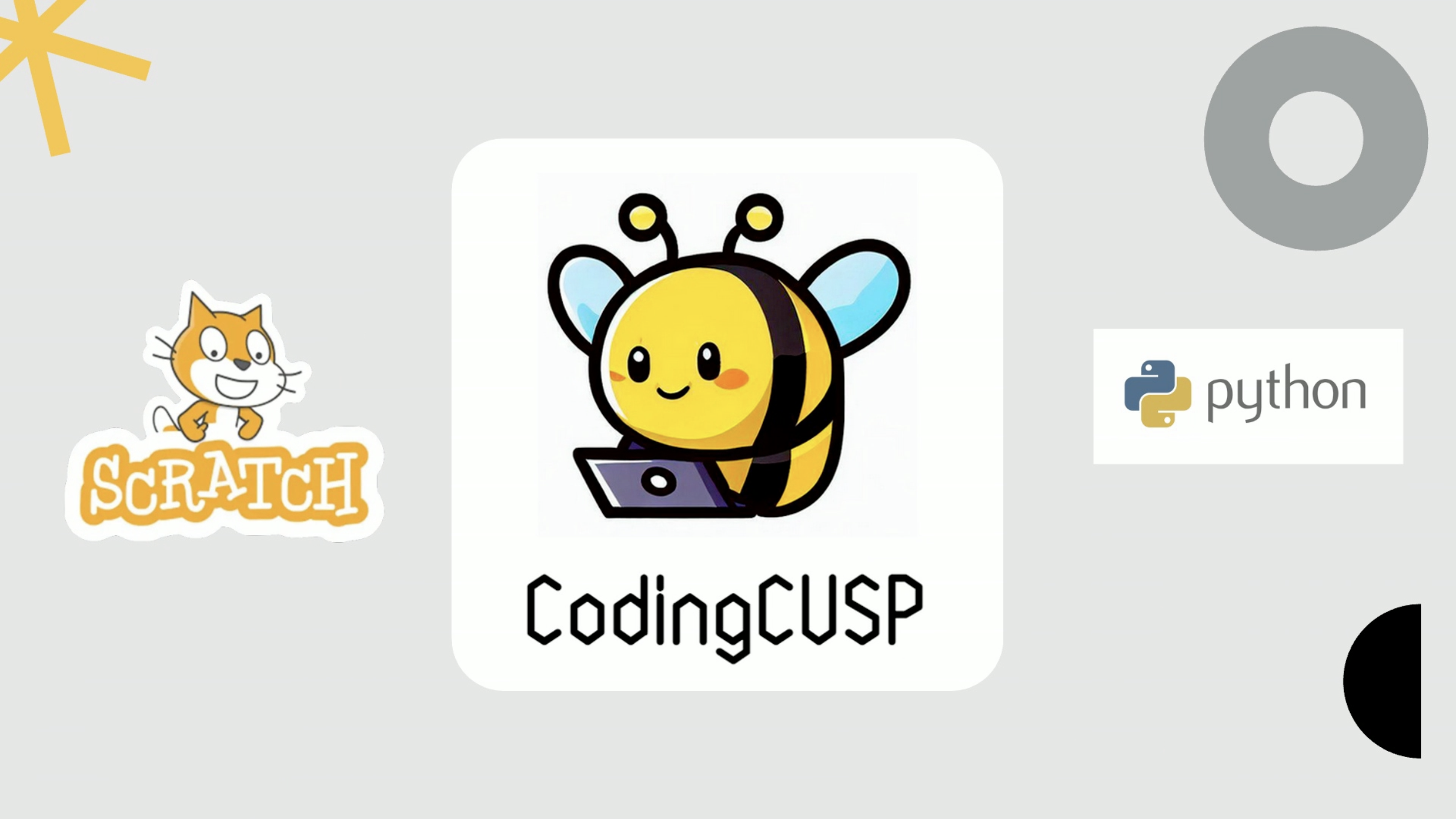 Main logo of CodingCUSP, a cartoon bee on a computer, in between th Scratch cat logo and Python logo.