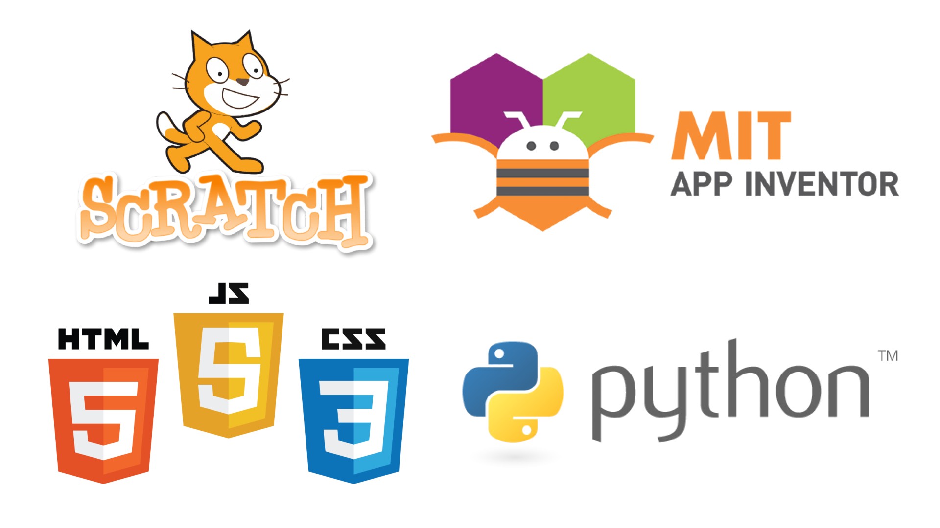 Logos for: Scratch, MIT App Inventor, HTMLS, CSS, Javascript, and Python.