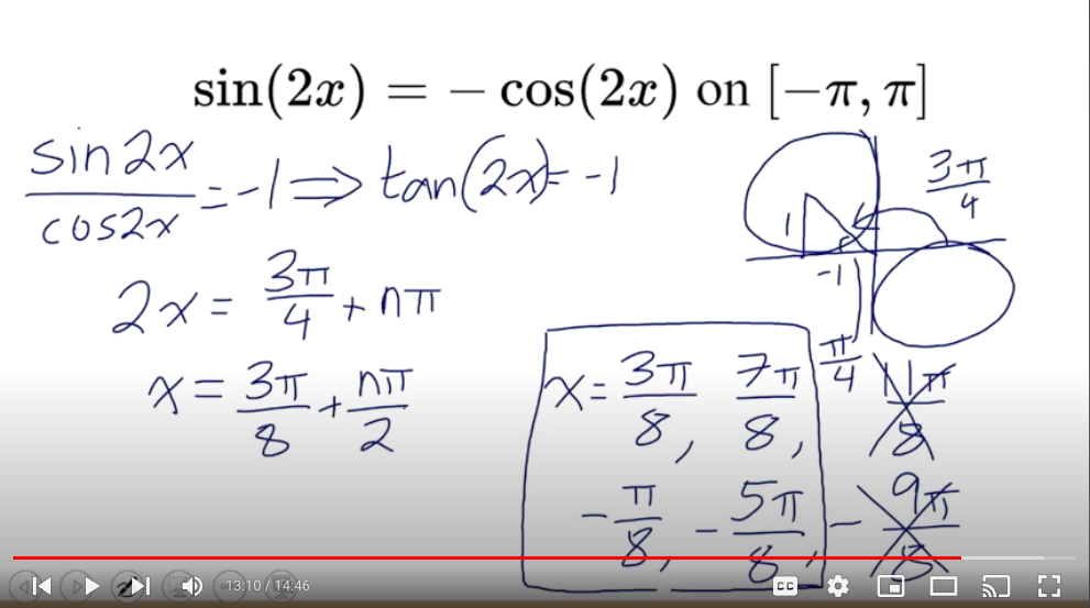 Screenshot of a video with the solution steps to solve a trigonometry problem.