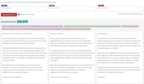 Screenshot of Prompty, with 3 texboxes at the top and three blocks of text at the bottom.