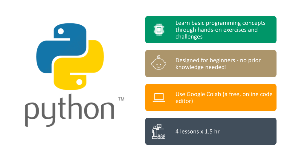 Python logo on the left, basic course descriptions on the right.